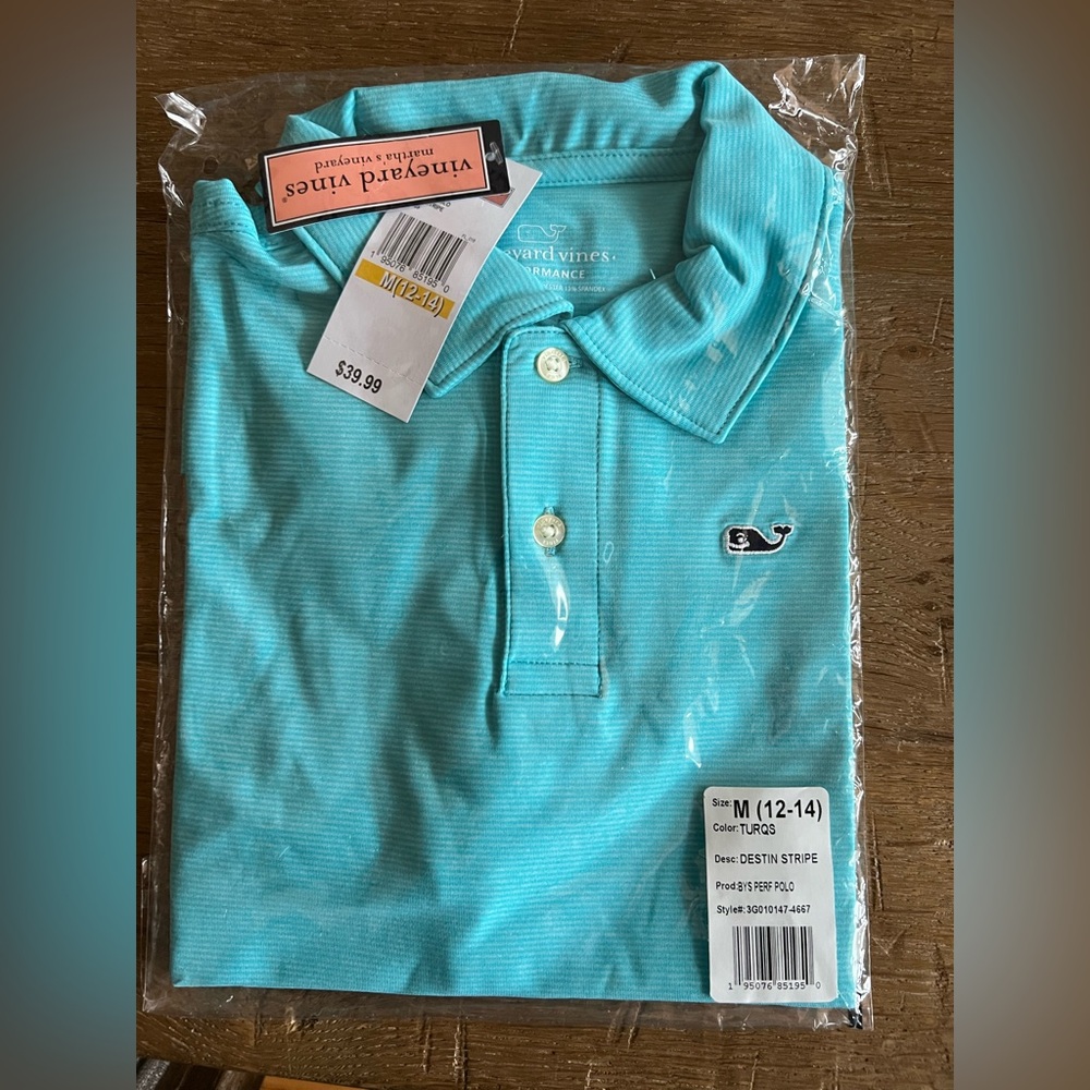 Vineyard Vines Boys turquoise Destin stripe Polo Shirt. Sz M (12-14) NWT
